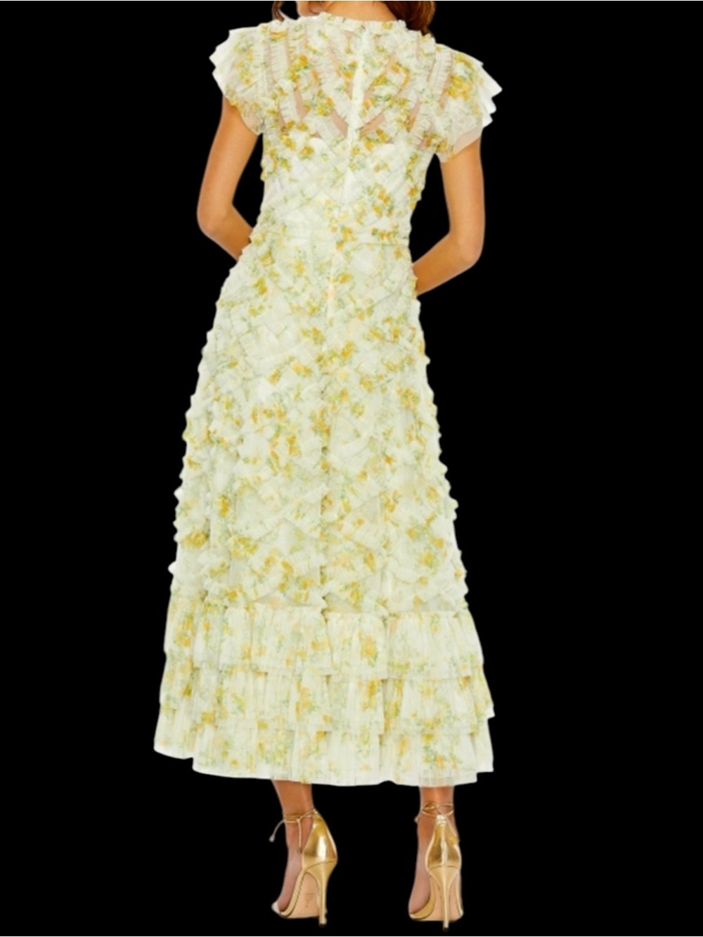 Mac Duggal 8009 Yellow Floral Chiffon Tea Length Cap Sleeve Tiered Ruffle Dress - Picture 2 of 7